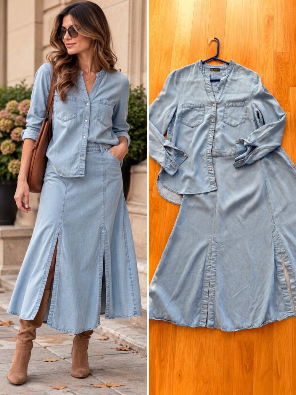 Renuar Light Blue Lyocell Denim 2 Piece Shirt Midi Skirt Set A Line Coastal M